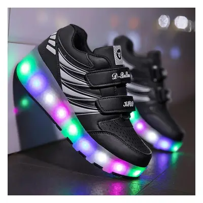 (black, 37) Children&apos;s Rechargeable Roller Skates Double Roller Skates Men/women Led Lighti