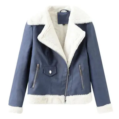 (blue, 2XL) Faux Leather Jacket For Women Fleece Lined Warm Long Sleeves Slim Fit Short Coat Sty