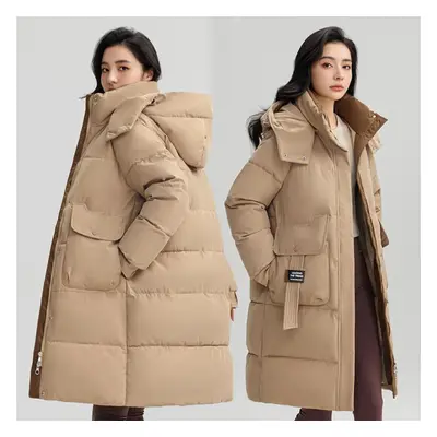 (khaki, M) Autumn Winter Thicken Warm Long Stand Collar Parka Women Casual Solid Color Big Pocke