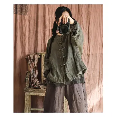 (green, One Size) Johnature Women Vintage Linen Solid Color Jackets Button Chinese Style Women C