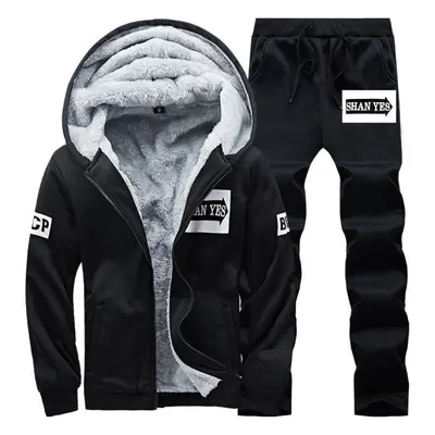 (black, XXXXL) Men&apos;s Winter Warm Fleece Sports Tracksuit Male Hooded And Sweatpant Sets Cas