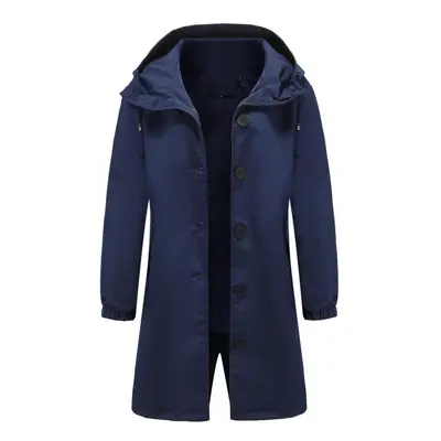 (navy blue, L) Windcheater For Women Hooded Button Loose Oversize Casual Windbreaker Waterproof 