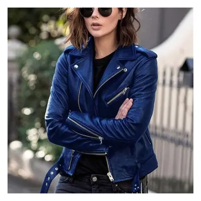 (blue, L) Women&apos;s Fashion Short Leather Jacket Pu Motorcycle Clothing Slim Slim Leather Jac