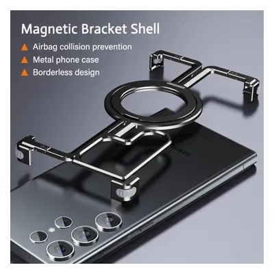 (black, iphone 13promax) Luxury Magsafe Magnetic Metal Rimless Stand Phone Case For Samsung Gala