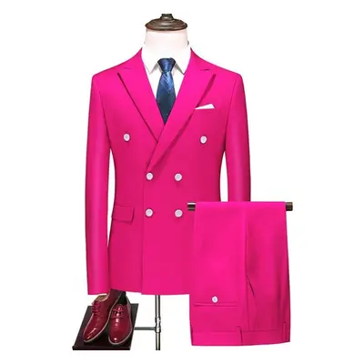 (rose red, S) Fashion Men&apos;s Business Double Breasted Solid Color Suit Coat / Male Slim Wedd