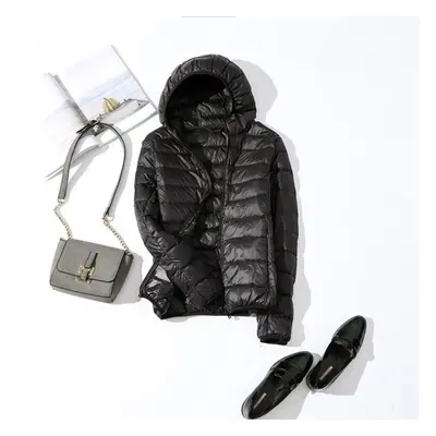 (black, XXXXL) Ultra-light Plus Size Thin Down Jacket Women Autumn Winter Slim Short Hooded Warm