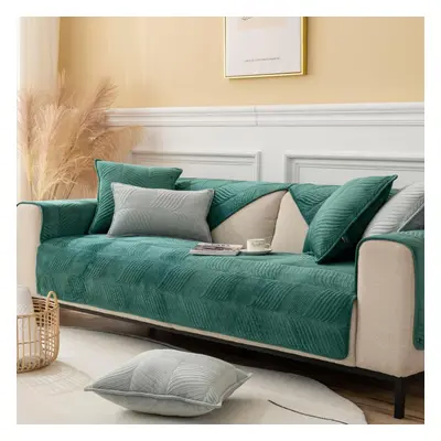 (dark green, 90*260cm) Thick Plush Edging Sofa Coversolid Color Non-slip Filling Full Sofa Cover