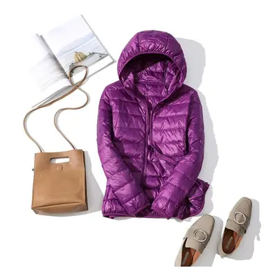 (purple, M) Ultra-light Plus Size Thin Down Jacket Women Autumn Winter Slim Short Hooded Warm Wh