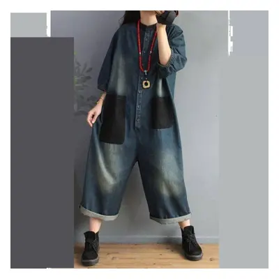 (blue, L) Women Jumpsuits Overalls Denim Jeans Ankle-length Pants Spring Vintage Female Loose Ca