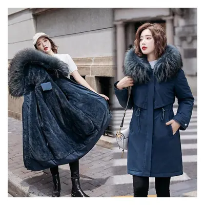 (navy, 5XL) Women Fall Winter Jacket Coat Parka Thicken Cotton Liner Medium Long Hooded Fur Coll