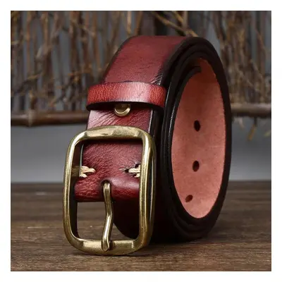 (red,brown, 130cm) Retro Distressed Genuine Leather Belt Pin Buckle First Layer Cowhide Korean S