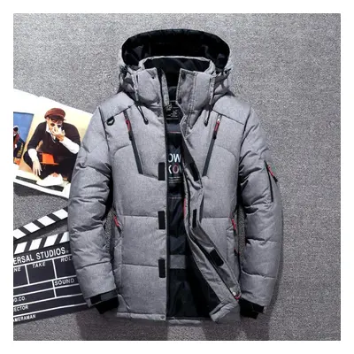 (grey, XL) Men&apos;s White Duck Down Jacket Warm Hooded Thick Puffer Jacket Coat Male Casual Ov