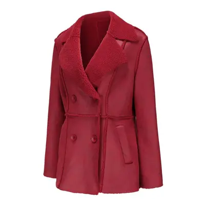 (burgundy, XL) Women's Suede Coats Mid Length Faux Leather Blazers Plush Fleece Lined Lapel Doub