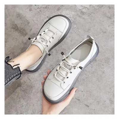 (white, 36) Genuine Leather Women&apos;s Flat Sneakers Large Size Autumn Vulcanized Shoes Ladies