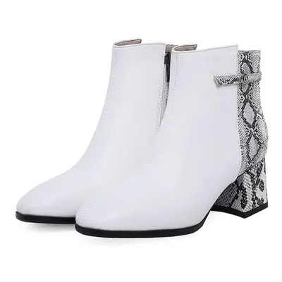 (white, 42) Snake Print Thick High Heels Women Boots Pu Square Toe Footwear Ankle Female Boot Sh