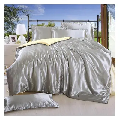 (silver gray, x 2.4(4 pcsï¼) Solid Color Bedclothes Black Silk Bedding Home Textile Bedclothes