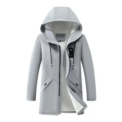 (grey, L) Large Size Men&apos;s Autumn And Winter Long Windbreaker Coat Hooded Thicken Warm Flee