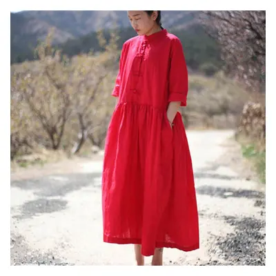 (red, One Size) Johnature Women Shirt Dress Vintage Pockets Women Maxi Dresses