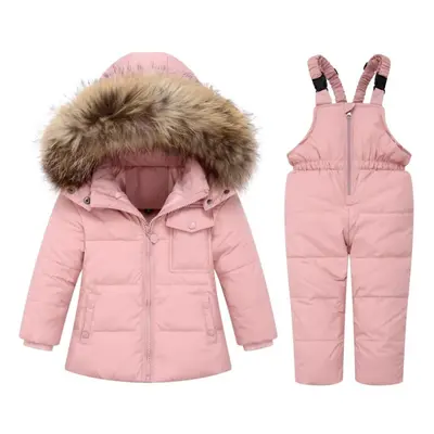 (baby pink, 90(1-2T)) 2pcs Set Baby Girls Boys Winter Hooded Snowsuit Puffer Down Jacket With Sn