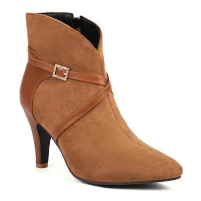 (brown, 34) Women Ankle Boots Pointed Toe Thick High Heels Zipper Buckle Short Boots Ladies Fash