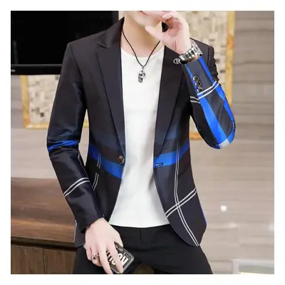 (blue, XXL) Men Suit Jackets Spring Autumn Plaid Slim Business Formal Casual Check Blazers Offic