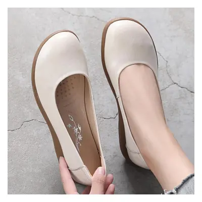 (beige, 41) White Genuine Leather Ladies Breathable Summer Shoes Women Flats Slip-on Loafers Rou