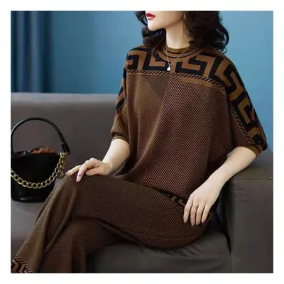 (coffee, M) Spring And Autumn Women&apos;s Two-piece Knitwear Clothing Set Loose Top And Wide Le