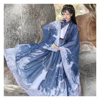 (multicolor, S) Hanfu Costume Chinese Wei And Jin Dynasty Style Collar Shirt+full Waist Dress Se