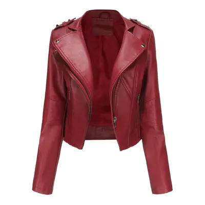 (burgundy, 2XL) Women's Jackets Rivets Faux Leather Lapel Zipper Bomber Jacket Short Slim Fit Mo