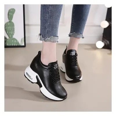 (black, 34) Fujin Genuine Leather White Comfy Height Sneakers Women Heels Casual Shoes Platform 