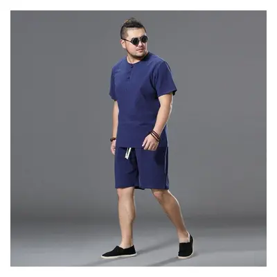 (navy blue, 5XL) Men&apos;s Clothing Large Size Tracksuit Linen Short T-shirt Summer Suit Plus S