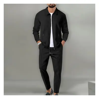 (black, L) Men&apos;s Casual Suit Long Sleeve Top And Pants Stylish Solid Color High Quality Sui