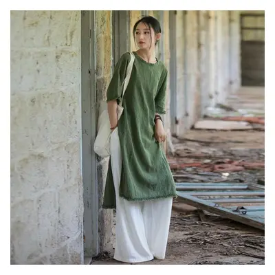 (green, One Size) Johnature Women Vintage Ramie Dress O-neck Half Sleeve Solid Color Summer Chin