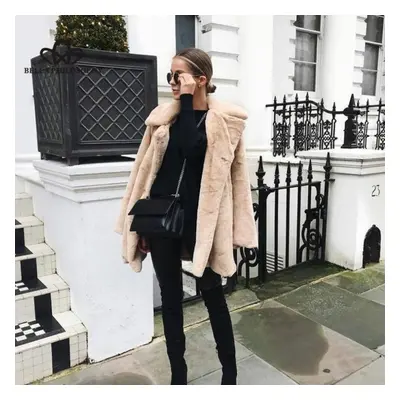 (apricot, XL) Long Fashion Fur Plush Warm Elegant Casual Loose Coat Winter Thickened Lapel Fluff