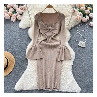 (khaki, One Size) Sexy Bodycon V Neck Flare Long Sleeve Knit Dress Chic Elegant Vestidos Autumn 