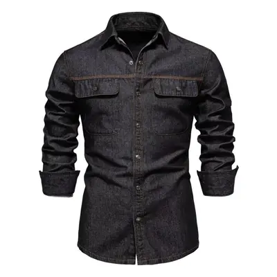 (black, EUR 95-105kg) Aiopeson 100% Cotton Men Denim Shirts Double Pocket Casual Cowboy Mens Shi