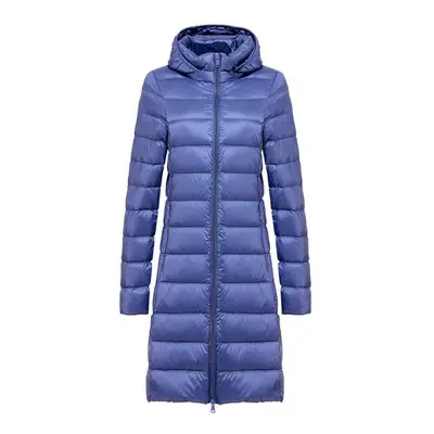 (blue, S) Women Winter Long Puffer Coat Detachable Hood Lightweight Coat Invisible Zipper Casual