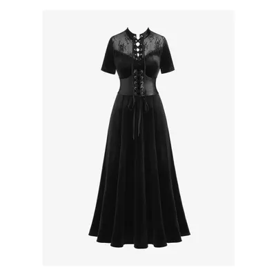 (black, 2XL) Rosegal Gothic Floral Lace Panel Pu Lace-up Ruched Corset Dress