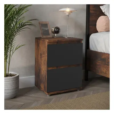 (Rustic Brown Carcass + Black Drawers) Drawer Wooden Bedside Cabinet No Handle Drawer Storage