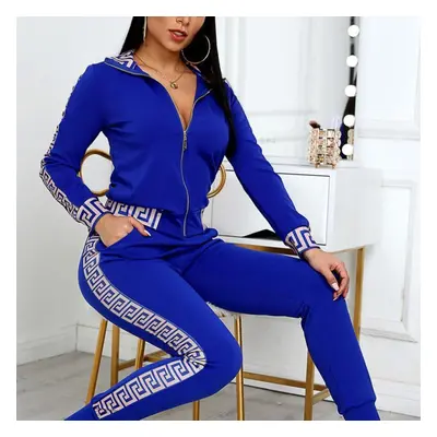 (blue, S) Tracksuits Women Elegant Two-pieces Suit Sets Female Stylish Plus Size Greek Fret Prin