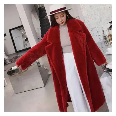 (red, L) Faux Fur Warm Long Coat Long Sleeve Female Thick Teddy Bear Coat Casual Loose Oversize 