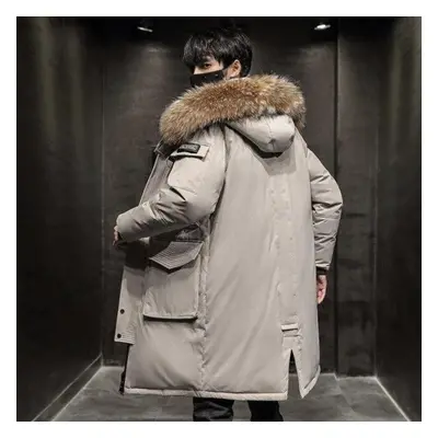 (beige, S) -30 Degree Winter White Duck Down Jacket Men Keep Warm Long Thicken Coat Fashion Hood