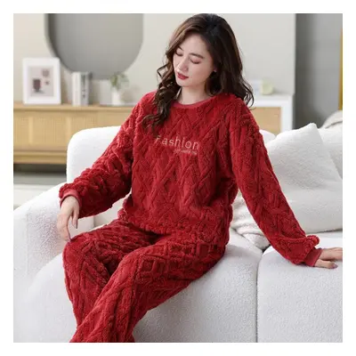 (red, L) Autumn And Winter Flannel Flannel Warm Pajamas Women&apos;s Home Wear Loose And Comfort