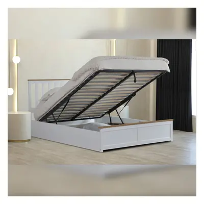 (5ft King Size, With Amelia Mattress) White Wooden Gas Lift Ottoman Storage Bedframe 3ft 4ft 4ft