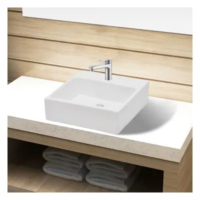 vidaXL Ceramic Bathroom Sink Basin with Faucet Hole White Square Counter Top