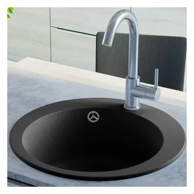 vidaXL Granite Kitchen Sink Single Basin Round Black Overmount Basket Strainer