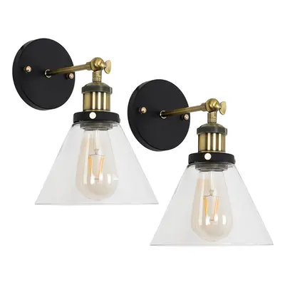 Pair Industrial Black Gold Wall Fittings Glass Conical Light Shades