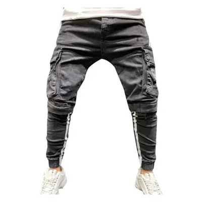 (black, L) Mens Ripped Destroyed Jeans Male Frayed Denim Pants Big Pocket Skinny Leg Slim Fit Tr