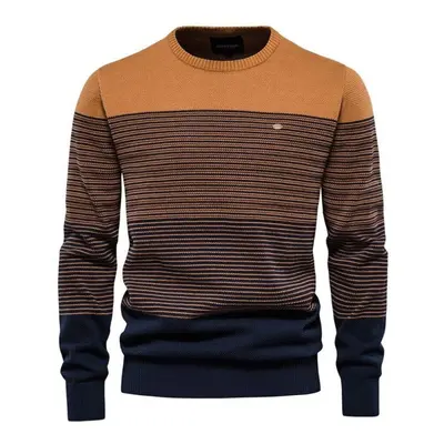 (orange, 65-75 kg) Aiopeson Brand Cotton Sweater Men Fashion Casual O-neck Striped Pullovers Kni