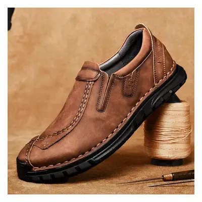 (light brown, 45) Large Size Men&apos;s Hand-stitched Leather Shoes Outdoor Casual Shoes